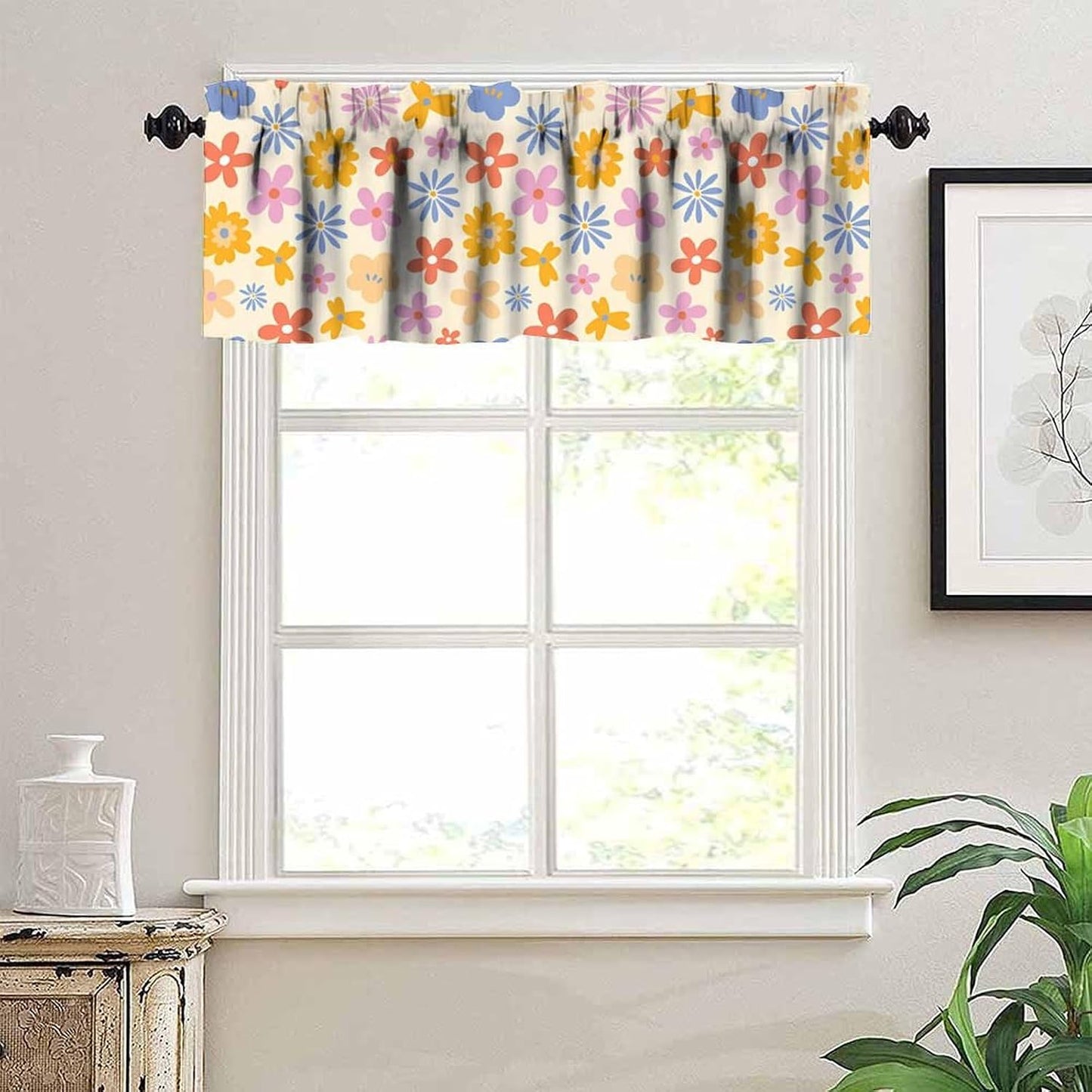 Cute 70s Flower Valance, Abstract Vintage Groovy Daisy Floral Cartoon Pink Blue Orange Flowers Print Blackout Window Curtain for Kids Girls Boys Bedroom Livingroom, 54x18inch