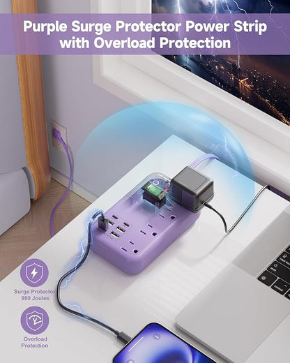 6 USB Purple Travel Power Strip- 5Ft Lavender Extension Cord - Image 8