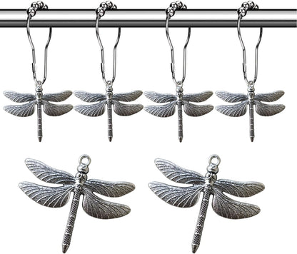 Dragonfly Shower Curtain Hooks - Decorative Shower Hooks for Shower Curtain | Rust Proof Shower Curain Rings Decorative Bathroom Accessories Set, Natural Forest Garden Country Farm Theme Bathroom Decor