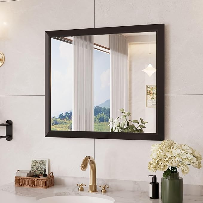 Amorho Bathroom Mirror Black, 28x32 Inch Thick Metal Framed Wall Mirrors by Amorho