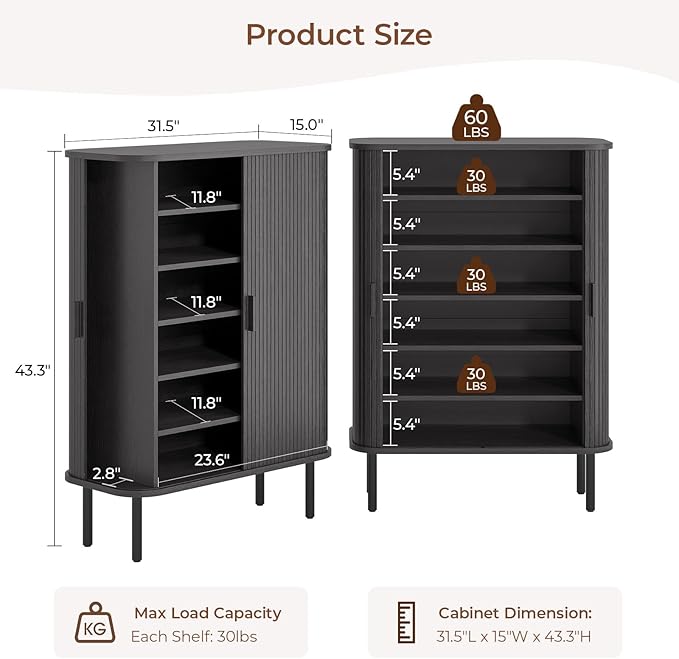 Shoe Storage Cabinet with Adjustable Shelves, 6-Tier Mid-Century Modern Shoe - Image 2