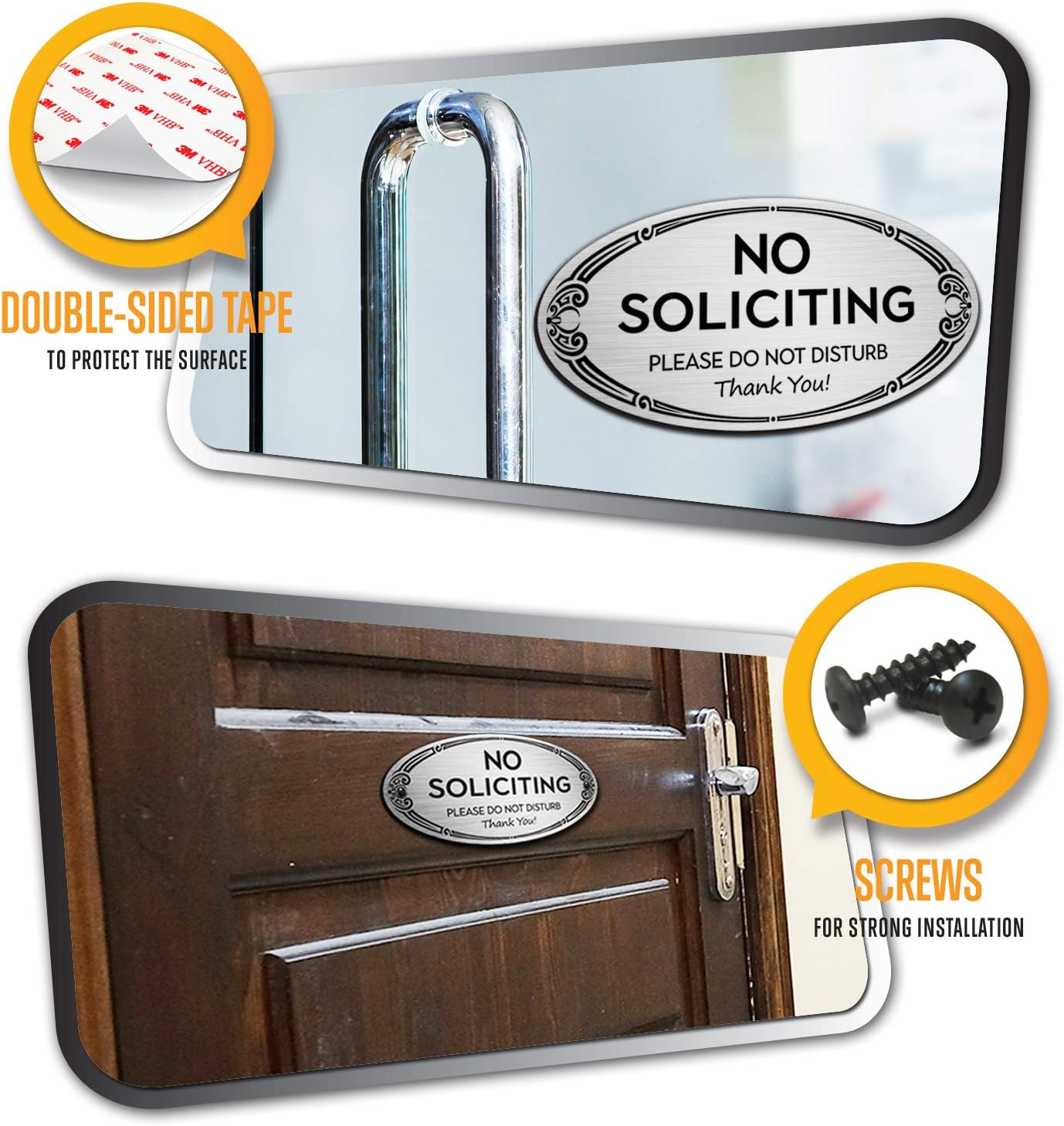 SignSeries No Soliciting Sign for Home and Office - 3" x 6" - Mounting Hardware Included, Easy Installation on Wall, Glass, or Doorbell - Heavy-Duty and Weather-Resistant (Brushed Silver)