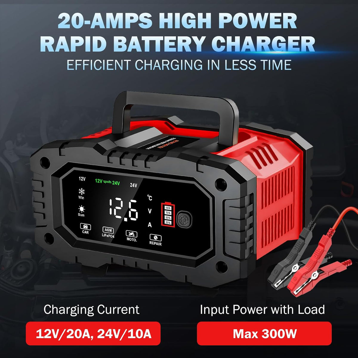 20-amp car battery charger, 12v/20a and 24v/10a lifepo4,lead-acid(agm/gel/sla), close-up detail