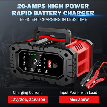 20-amp car battery charger, 12v/20a and 24v/10a lifepo4,lead-acid(agm/gel/sla), close-up detail