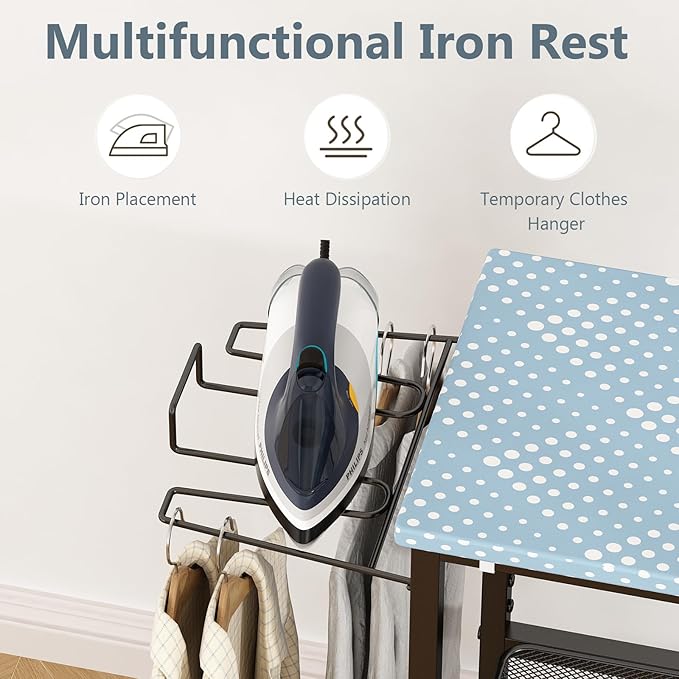 GILLAS Ironing Board with 2 Tier Storage Basket, Movable Ironing Board Full Size - Image 5