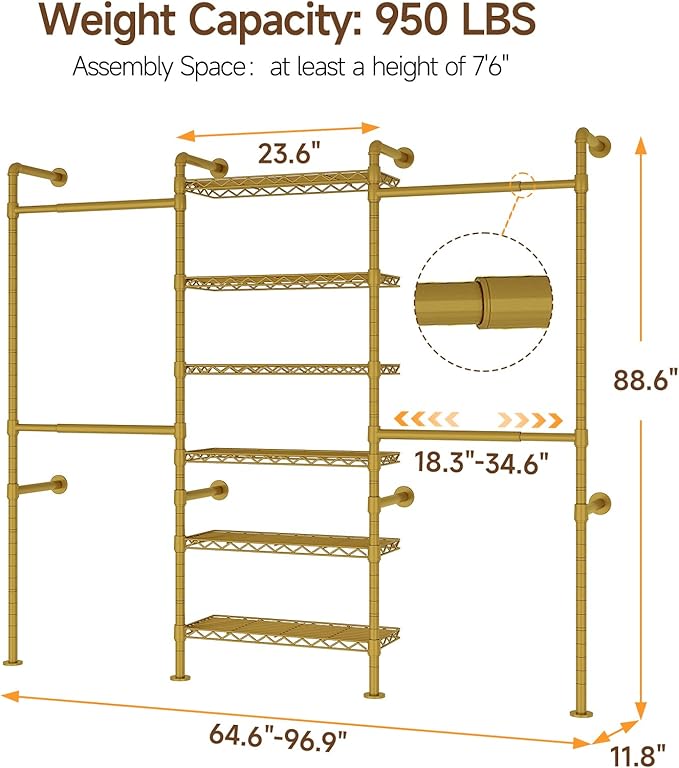 ONBRILL H3 Wall Mounted Closet System, Expandable Industrial Pipe Clothes Rack - Image 2
