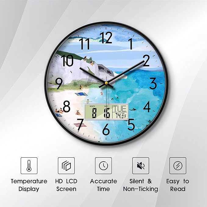 SCOAGE Silent Wall Clock with Temperature Day and Date Blue Mountain and Sea - Image 2