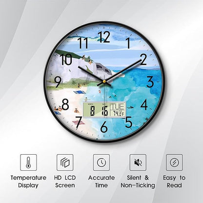 SCOAGE Silent Wall Clock with Temperature Day and Date Blue Mountain and Sea - Image 2