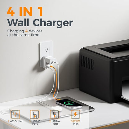 Wall Charger Block, 3 USB Charging Ports and 1 AC Outlet Splitter, TESSAN 1875W - Image 3