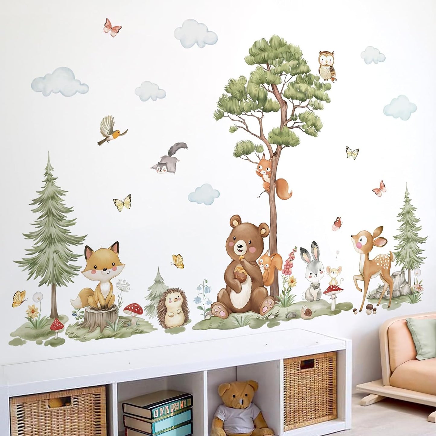wondever Woodland Animals Wall Decals Pine Tree Bear Wall Stickers (XL) | Peel and Stick, Removable, Wall Art Decals, Wall Decoration, Kids Room, Bedroom Baby Nursery Playroom Decor