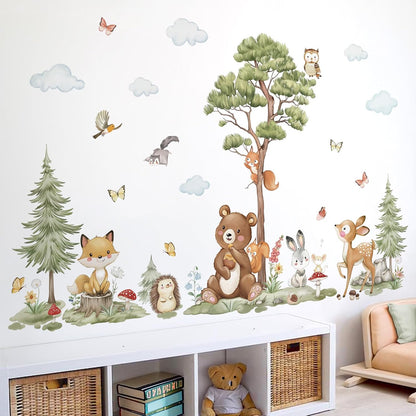 wondever Woodland Animals Wall Decals Pine Tree Bear Wall Stickers (XL) | Peel and Stick, Removable, Wall Art Decals, Wall Decoration, Kids Room, Bedroom Baby Nursery Playroom Decor