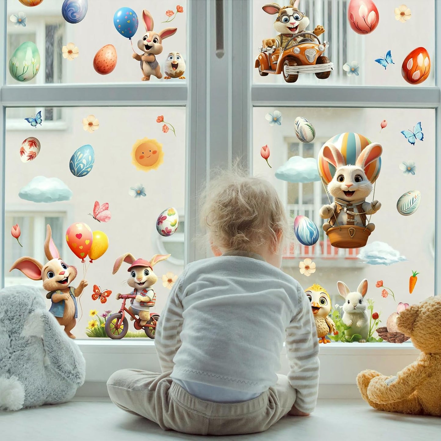 Hianjoo 87 PCS Easter Window Clings, 9 Sheets Easter Egg Window Clings Stickers for Window Decor, Double Sided Bunny Window Cling Decorations with Chick Flower Butterfly Carrot