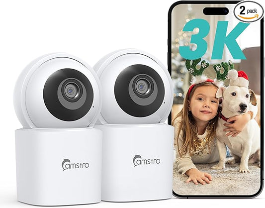 3K Indoor Security Camera 2 Pack, 360° Pan/Tilt WiFi Camera by CAMSTRO