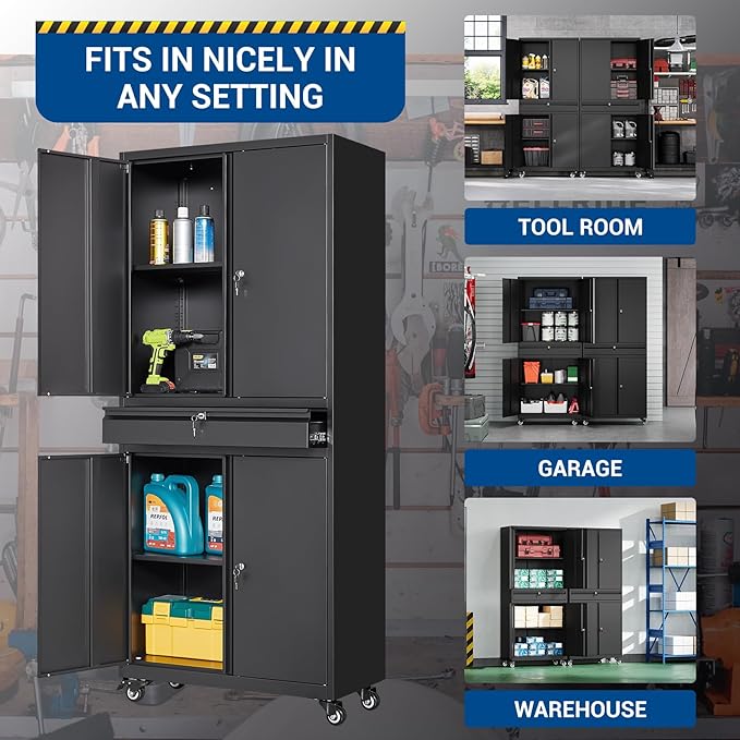73" Metal Cabinet-Black Heavy Duty Rolling Storage Cabinet Steel Tool Cabinets - Image 5