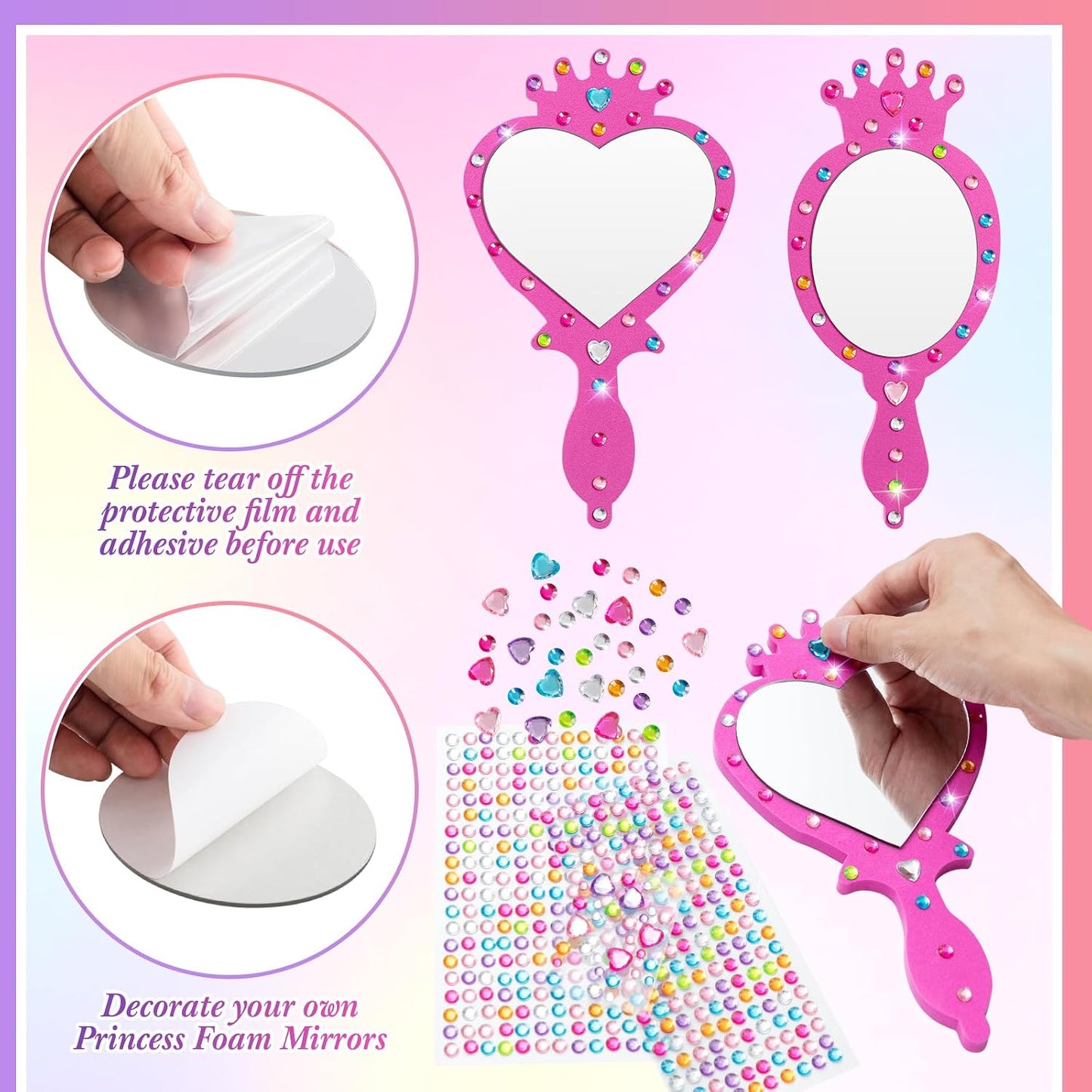 Geetery 20 Pcs Unbreakable Kids Mirror DIY Decorate Your Own Princess Mirror Mermaid Princess Foam Small Crafts for Princess Party Decorations(Pink)
