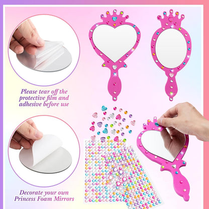 Geetery 20 Pcs Unbreakable Kids Mirror DIY Decorate Your Own Princess Mirror Mermaid Princess Foam Small Crafts for Princess Party Decorations(Pink)