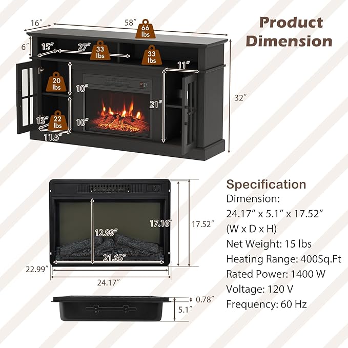 SIMOE Fireplace TV Stand up to 40'' 65'' TV, 58 inch Electric Fireplace TV - Image 6