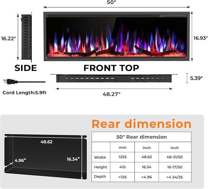 R.W.FLAME 50" Recessed and Wall Mounted Smart Electric Fireplace, Alexa/WiFi - Image 2