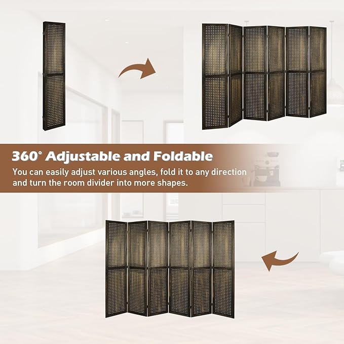 ECOMEX 6 Panel Room Divider, 5.6Ft Pegboard Display Wooden Room Divider Folding - Image 5