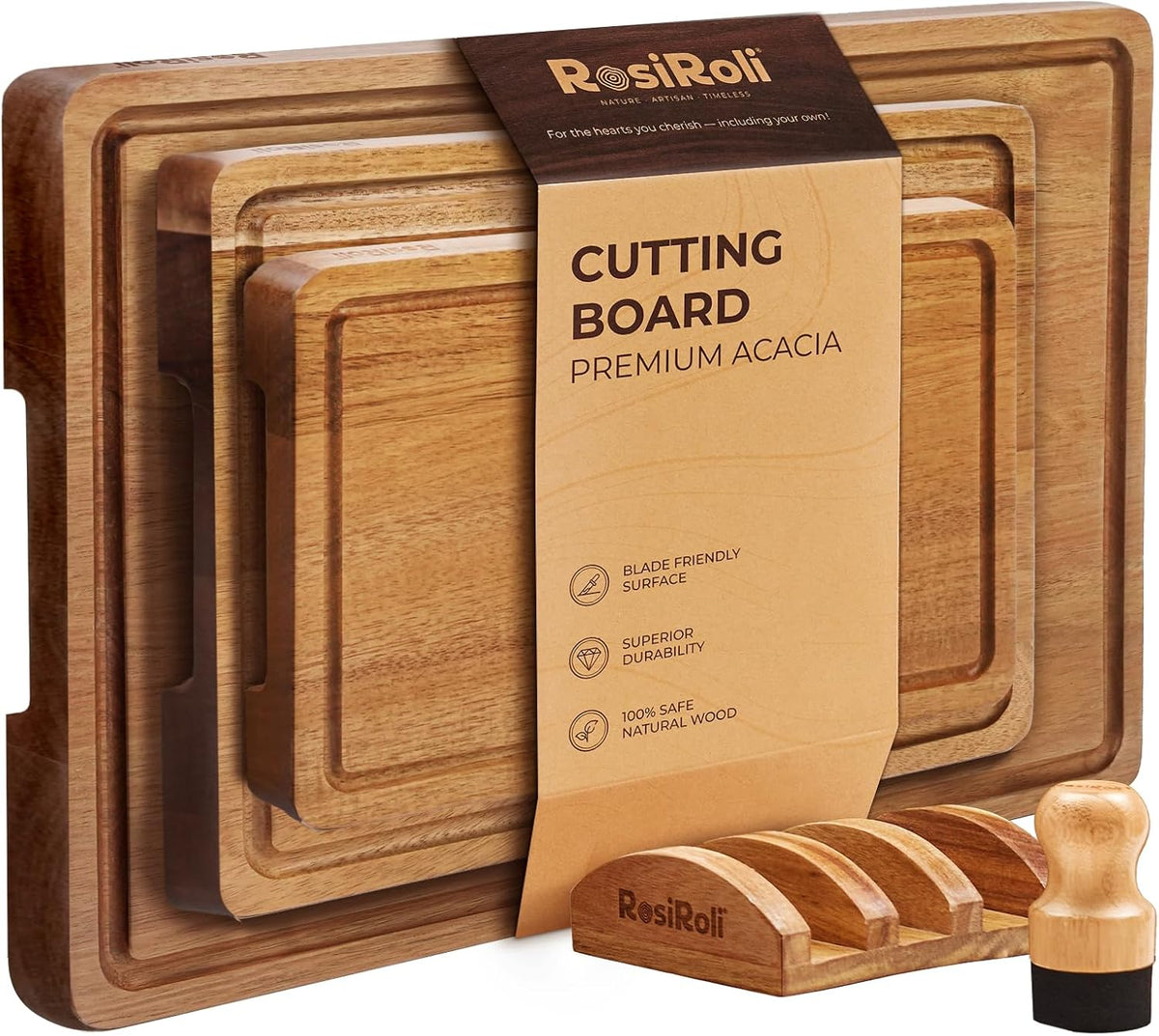 Acacia Cutting Board Set of 3 with Stand for Kitchen Prep