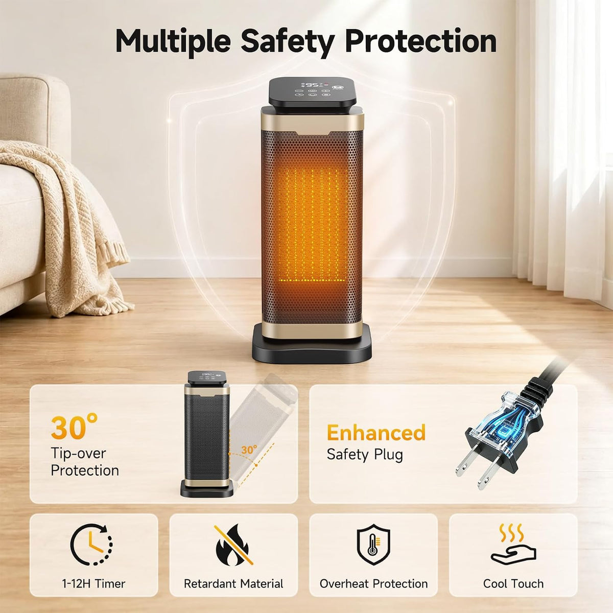 Space Heater for Indoor Use,1500W PTC Ceramic Heater with Thermostat&Remote