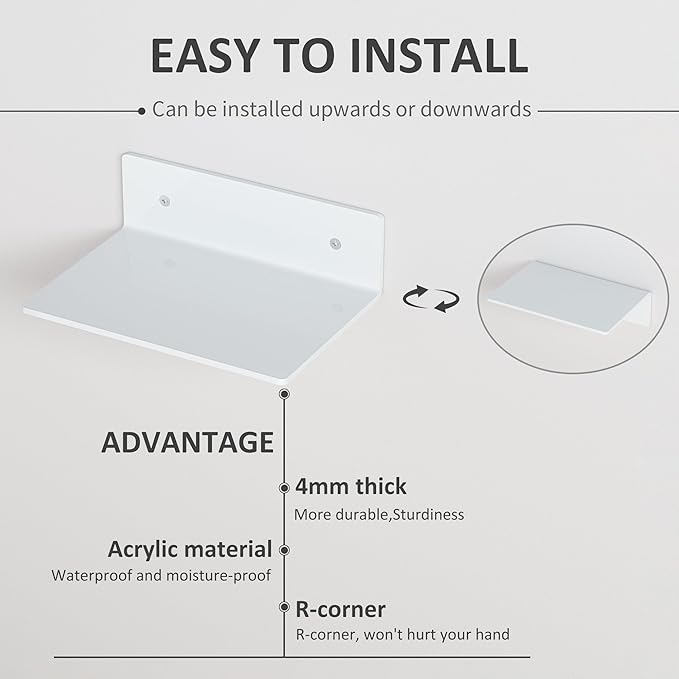 Hexsohoma 9 Inches White Floating Shelves, Acrylic Wall Shelves - Image 4
