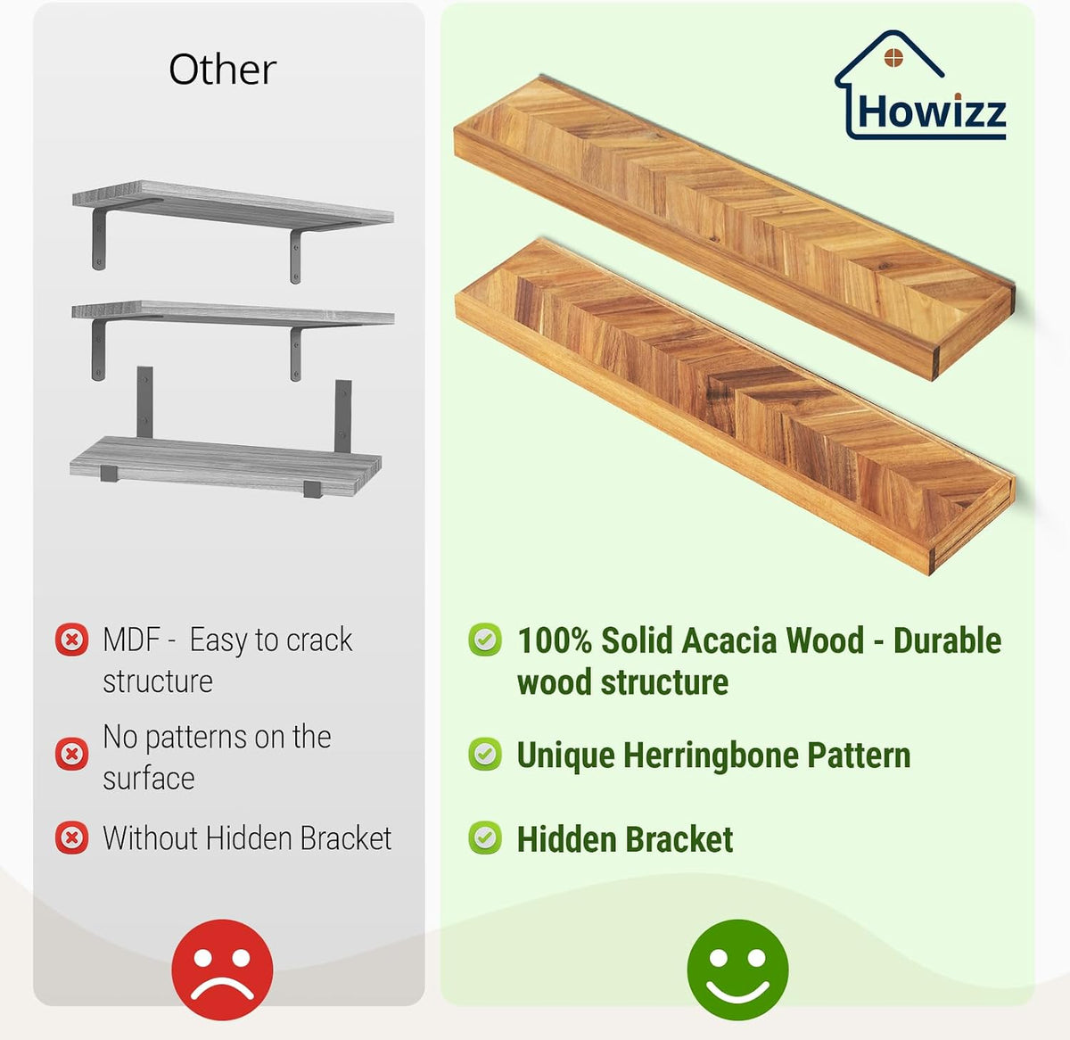 Howizz 36" Acacia Chevron Floating Shelves Set of 2 - Wall Mounted Woode...