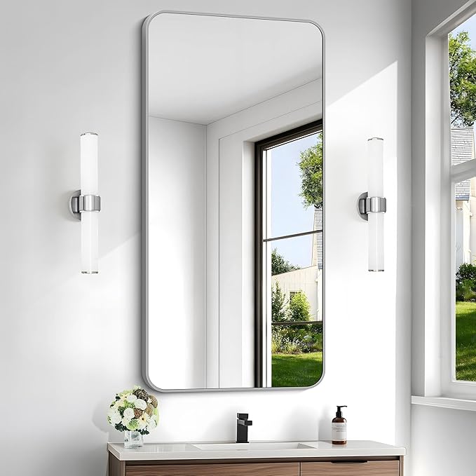 48x24 Inch Silver Bathroom Mirror, Metal Framed Silver Rectangle Mirror by WelcometoCIVENO