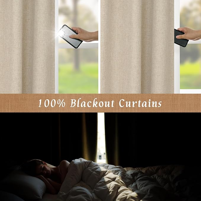 LAMIT 100% Blackout Natural Linen Curtains, 68 Inches Linen Textured Thermal - Image 3