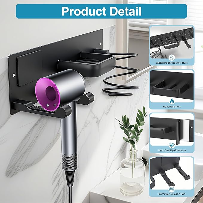 Dovyn Blow Dryer Holder Wall Mount, 3 in 1 Bathroom Hair Tool Organizer - Image 3