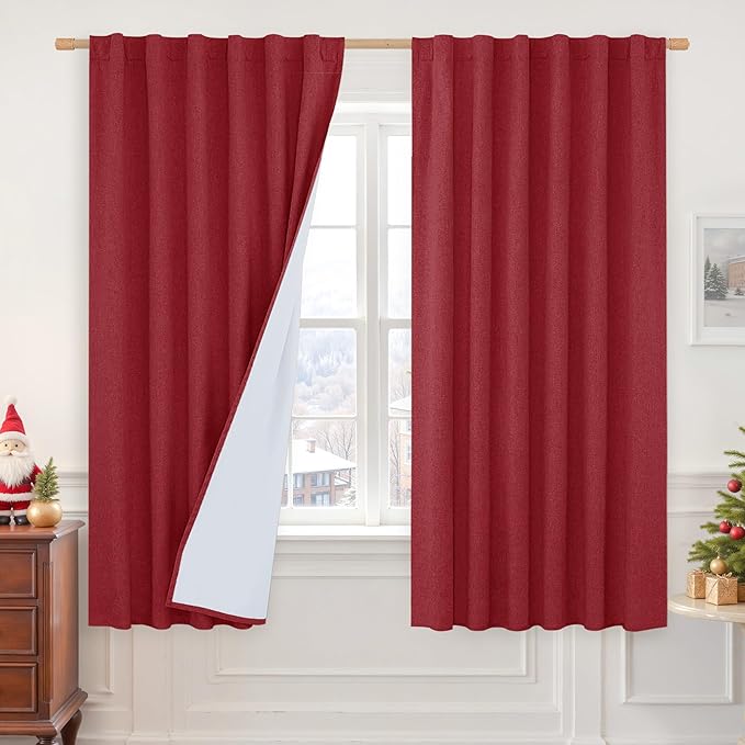LAMIT 100% Blackout Red Linen Curtains, 63 Inches Linen Textured Thermal by LAMIT