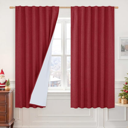 LAMIT 100% Blackout Red Linen Curtains, 63 Inches Linen Textured Thermal by LAMIT