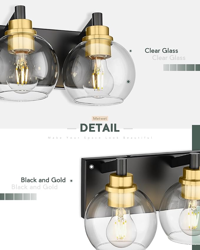 METWET Bathroom Light Fixtures, 5-Light Black and Gold Bathroom Vanity Light - Image 3
