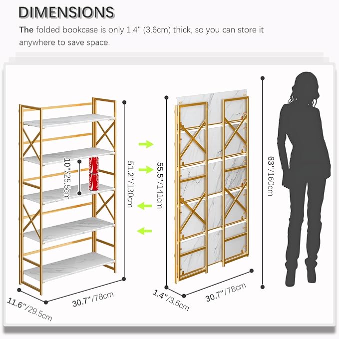 4NM Extra Wide 5 Tiers No Assembly Book Shelves, 51.2" H Folding Bookshelf - Image 2