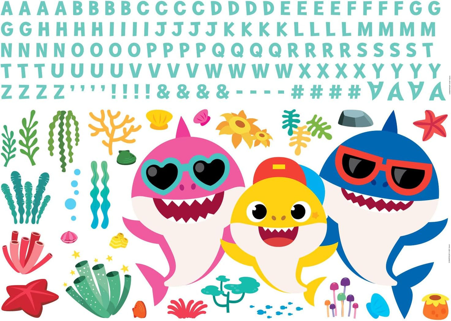 RoomMates Baby Shark Peel and Stick Giant Wall Decals with Alphabet, Removable Repositionable Personalized Wall Stickers for Kids