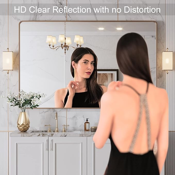 LOAAO 48”X30” Gold Bathroom Mirror, Rounded Rectangle Gold Frame Mirror - Image 2