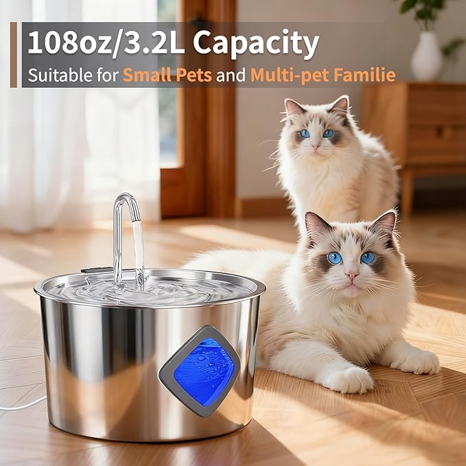 Cat Water Fountain Stainless Steel: 108oz/3.2L Automatic Pet Water Fountain - Image 2