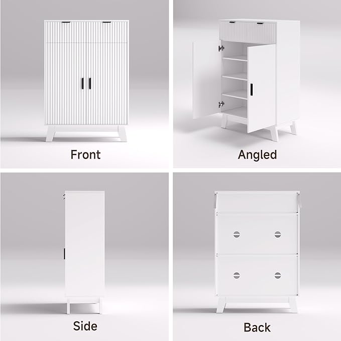 Fluted Shoe Cabinet, 4-Tier Mid Century Modern Narrow Shoe Storage Cabinet - Image 9