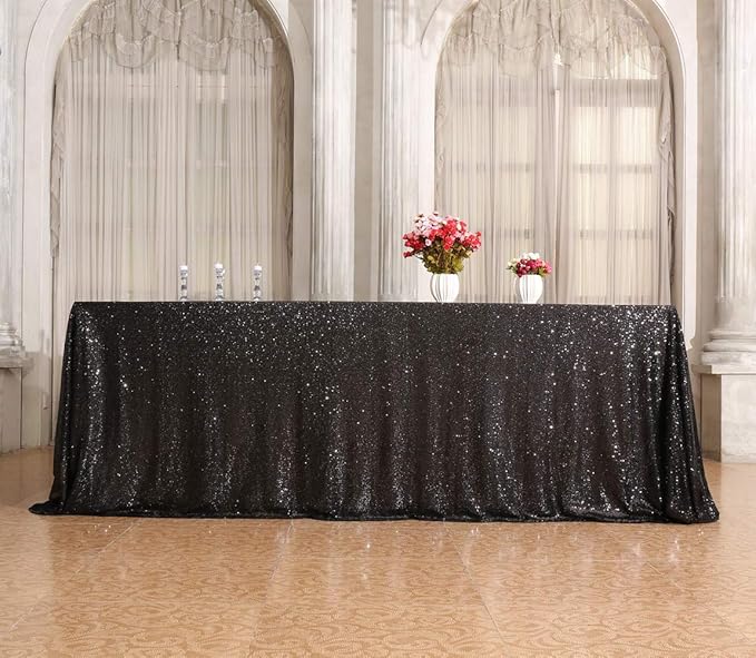 SquarePie Sequin Tablecloth 60 x 120 Inch Black Sparkly Table Linen for Hallo...