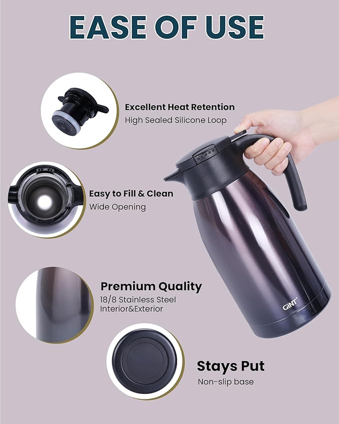 GiNT 1.9L / 64Oz Thermal Coffee Carafe, Insulated Stainless Steel Coffee Carafes - Image 3