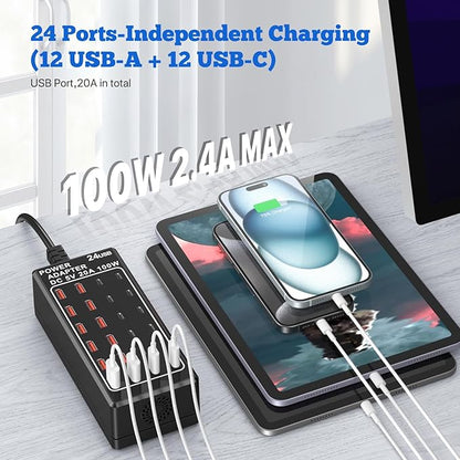 USB Charger Station, C Charging Block, 100W 24 Port Multiple USBCharger Desktop - Image 2