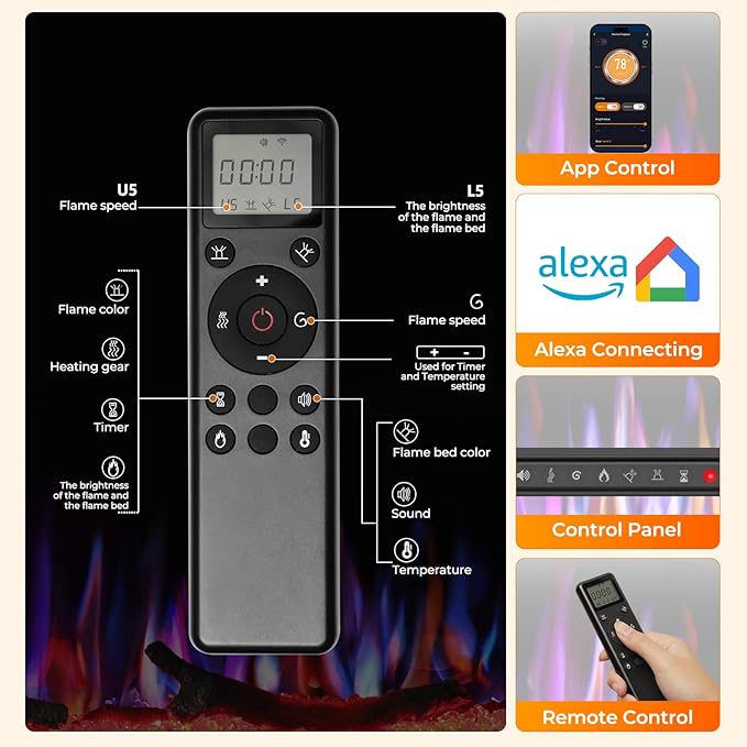 R.W.FLAME 50" Recessed and Wall Mounted Smart Electric Fireplace, Alexa/WiFi - Image 4