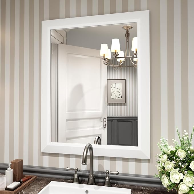 Amorho Bathroom Mirror, 24x30 Inch White Thick Metal Framed Wall Mirrors by Amorho