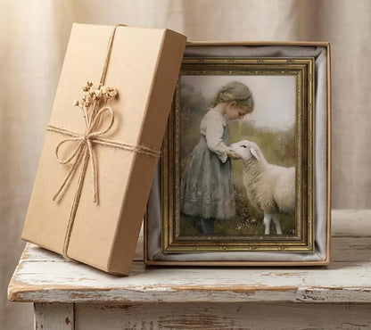 Gold Framed Vintage Aesthetic Girl With Sheep Wall Art Rustic Farmhouse Print Poster Artwork Sheep Cottagecore Wall Decor for Living Room Bedroom Bathroom Decoration 9x11in