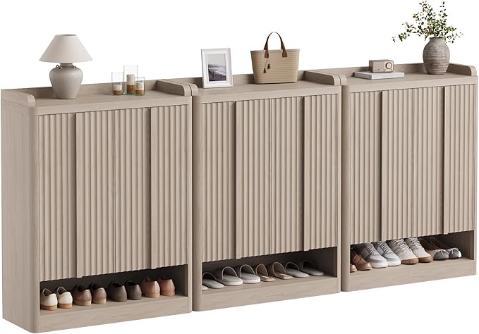 Fluted Shoe Cabinet, 25 Pair Shoe Storage Organizer Cabinet, Mid-Century Wooden by YANSNWO