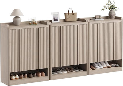 Fluted Shoe Cabinet, 25 Pair Shoe Storage Organizer Cabinet, Mid-Century Wooden by YANSNWO