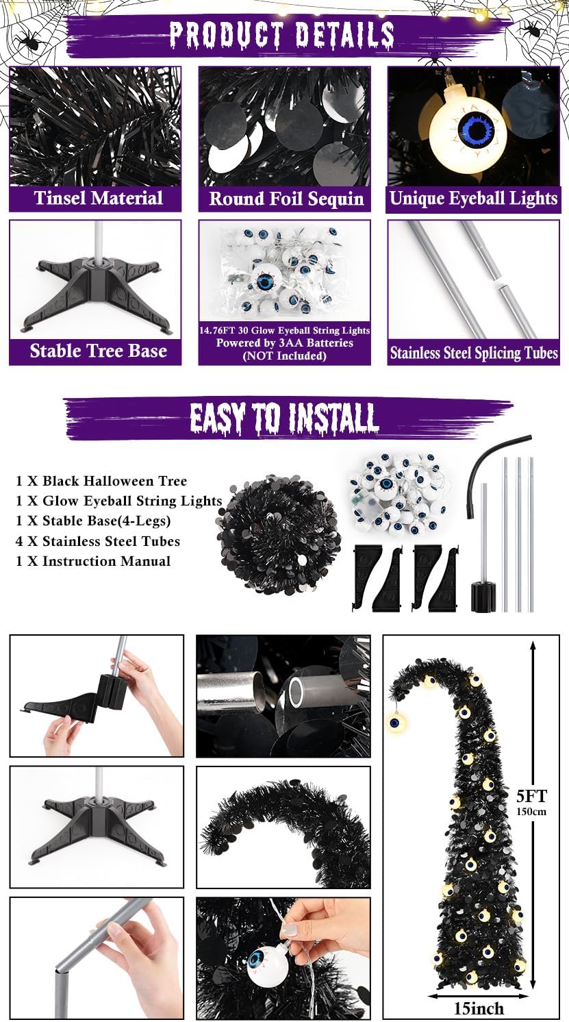 Black Halloween Tree with Eyeball String Lights for Christmas Decorations