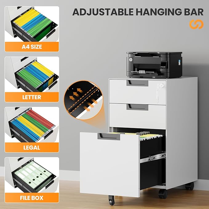 3 Drawer File Cabinet with Lock, Fully Assembled Metal Mobile Filing Cabinets - Image 5