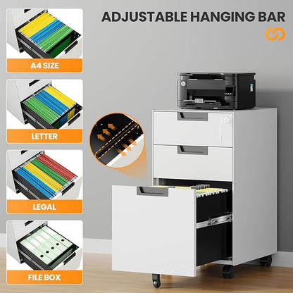 3 Drawer File Cabinet with Lock, Fully Assembled Metal Mobile Filing Cabinets - Image 5