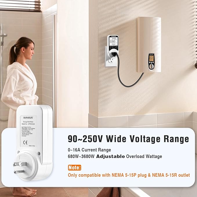 Suraielec Watt Meter, Plug-in Socket Power Meter, 90V-250V Wide Range, Backlit - Image 4